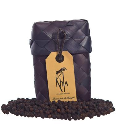 Khla Poivre Noir de Kampot Premium IGP - 50g - Poivre en Grains en Sachet - Emballage Traditionnel en Feuilles de Palme