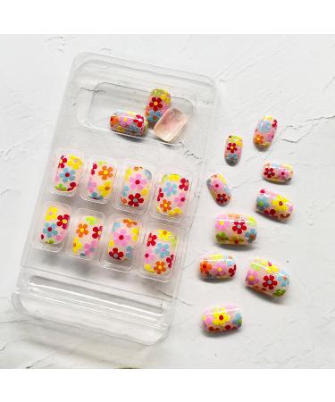 24Pcs Colorful Flower Square Press on Nails - Cute Floral Designs, Reusable Artificial Nails - Style 10 - Buy Online on GoSupps.com