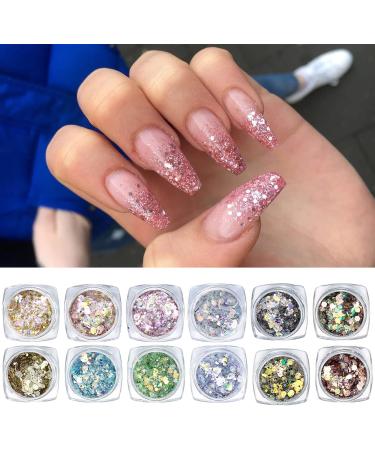 12 Colors Holographic Nail Glitter & Makeup Sequins - Glitter Powder for Face Hair & Body Decoration | Festival Essentials with Brush - Buy Online on GoSupps.com
