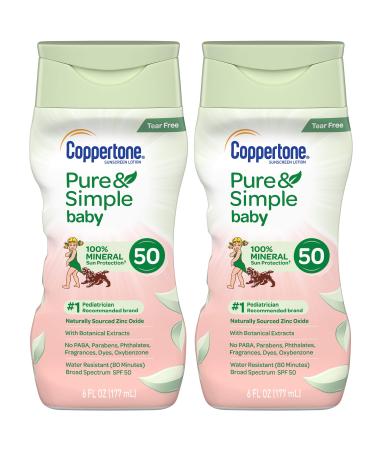 Coppertone Pure Simple Baby Tear Free MineralBased Sunscreen Lotion Broad Spectrum SPF 50, 6 Fluid Ounce (Pack of 2), 12 Fl Oz PACK Of Two