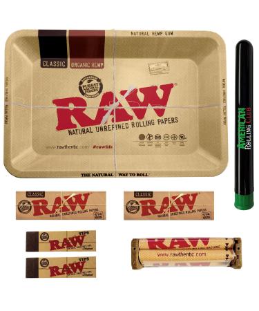 RAW Rolling Tray Combo Includes RAW Tray, RAW 1 1/4 Rolling Papers, RAW Tips, RAW 79mm Rolling Machine and American Rolling Club Tube (Mini)