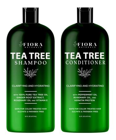 Tea Tree Shampoo and Conditioner Set - Sulfate Free Dandruff Shampoo with TeaTree Oil, Mint and Ginger Extract - Special Thickening Shampoo for Dry Itchy Scalp -For Men, Women, and Kids