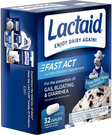 Lactaid Fast Act Lactose Intolerance Relief Caplets - 32 Travel Packs of 1-ct | Lactase Enzyme for Fast Relief - Buy Online on GoSupps.com
