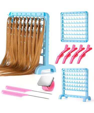 Yumkfoi Portable Braiding Hair Rack 120 Pegs  2-in-1 Standing Hair Holder Braid Rack for Braiding Hair  Double Sided Hair Separator Stand for Stylists  Hair Extension Holder with Hair Supplies Blue Plastic-120 pegs