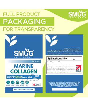 Marine Collagen British Made by SMUG Supplements - 90 Capsules - Type 1 Peptides - 1200mg Daily Serving of Collagen Powder in Three-a-Day Capsules - 30 Day Supply - Suitable for Both Men and Women - Buy Online on GoSupps.com