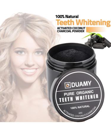 Duamy Activated Carbon Powder for Teeth Whitening - Natural Coconut Formula + 2 Toothbrushes with Activated Carbon Bristles (60g) - Buy Online on GoSupps.com
