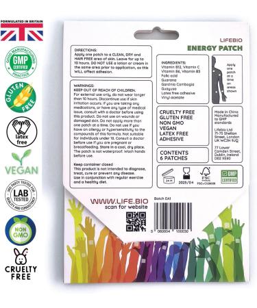 Lifebio Energy Patch - B12, C, B6, Folic Acid, Guarana, Garcinia Cambogia, Guayusa - 6 Patches - Buy Online on GoSupps.com
