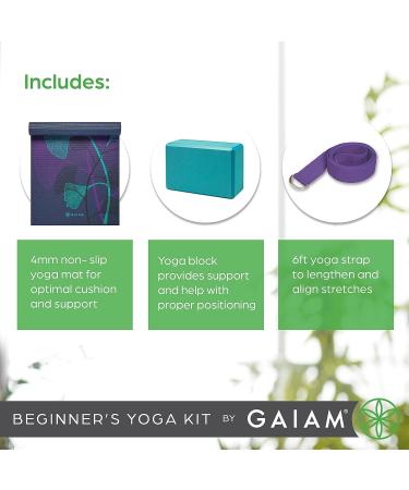 Gaiam Beginner's Yoga Starter Kit - 4mm Thick Printed Non-Slip Mat with Yoga Block and Strap - Lily Shadows Design - Buy Online on GoSupps.com