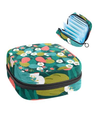 Strawberry Flower Pattern Sanitary Napkin Storage Bag Portable Period Kit Bag Pad Pouches for Period Menstrual Cup Bag with Zipper Sanitary Pad Pouch for Women Teen Girls Ladies Color 4