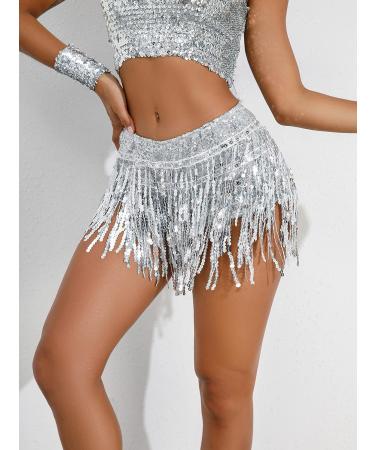 FEOYA Womens Sequins Tassel Festival Dance Sparkly Fringe Skirt - Silver2, X-Large - Buy Online on GoSupps.com