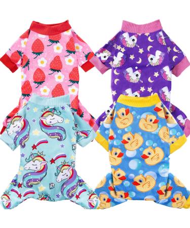 XPUDAC 4 Piece Dog Pajamas for Small Dogs Pjs Clothes Puppy Onesies Outfits for Doggie Christmas Shirts Sleeper for Pet Cats Jammies-S Small(3.5-7 LBs) Duck, Strawberry, 2 Unicorn
