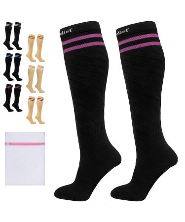 360 RELIEF - Flight Compression Socks Supports | Blood Circulation Travel Work XXL 2Pairs-Black with 2 Pink Line