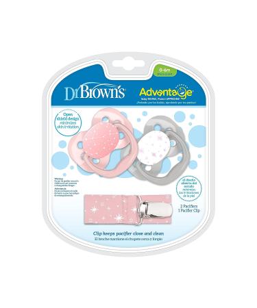 Dr. Brown's Advantage Symmetrical Pacifier 2-Pack with Air Flow, Pacifier Clip - Pink Stars - Buy Online on GoSupps.com