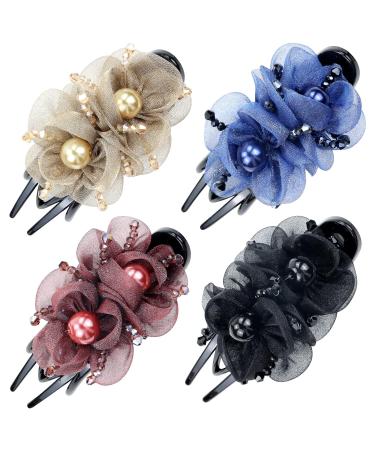 Dizila 4 Pack Sparkly Crystal Mesh Double Flower Hair Clips | Decorative Pearl Hair Barrettes for Women and Girls - Buy Online on GoSupps.com
