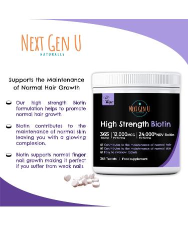 Biotin Hair Growth Tablets 365 - 12,000mcg High Strength | Vegan Supplement for Hair, Skin, Nails | 1 Year Supply | Gluten Free - Buy Online on GoSupps.com