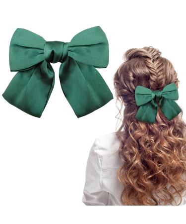 Bow Hair Clip Duckbill Clip Hair Bows for Women Big Bowknot Hairpin French Hair Clips with Ribbon Solid Color Hair Barrette Clips Soft Satin Silky Hair Bows for Women Girls(dark green-1pc)