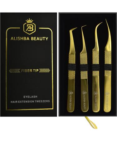 Alishba Beauty Eyelash Extension Tweezers Set - Precision Fiber Tip Japanese Stainless Steel (Gold) - Pack of 4 - Buy Online on GoSupps.com