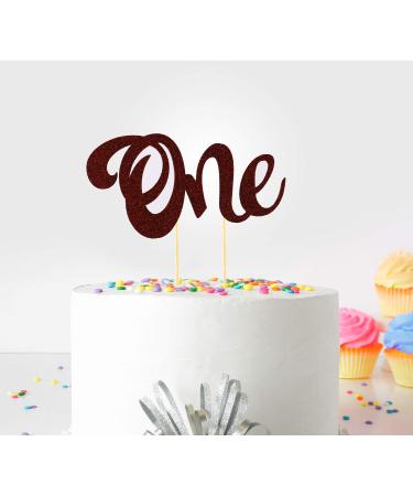 1st First Birthday Cake Topper Decoration ((Brown) - One - with Double Sided Glitter Stock)