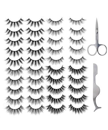 Yinettech 20 pairs of self-adhesive false eyelashes with scissors and tweezers 4 styles 3D soft natural eyelashes for girls women make-up