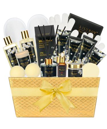 Spa Gifts for Women, White Orchid Gift Basket for Women, Birthday Gifts for Women 18Pcs with Diffuser, Shower Steamer, Himalayan Rocks, Jojoba Oil, Scented Candle, Golden Basket, Gifts for Her
