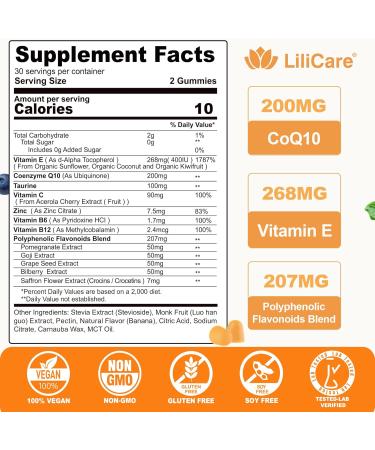 CoQ10 200mg Gummies - Sugar-Free Coenzyme Q10 with Taurine Vitamins E & C B6 B12 Zinc | Vegan Antioxidant for Heart Immune & Brain Health - 120 Count - Buy Online on GoSupps.com