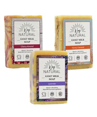 Way Natural Goat Milk Soap Variety Pack- 3 Premium Bars - Lavender Cherry Almond Honey Oatmeal - Made in USA Individually Wrapped Body Soap Bars - Natural Bar Soap for Women Men - Cruelty Free Goat Soap - Handmade O...