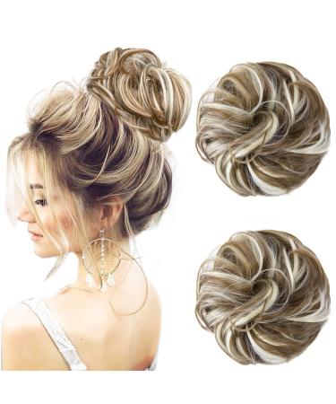 Jjstar 2 piece of hair part with rubber band dutt hair part lured hair tie with hair updos hair extension messy bun hair parts for women girls ponytail green brown & beach blonde