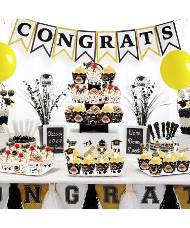 AIERSA 96Pcs Graduation Cupcake Toppers Wrappers 2024 Congrats Grad Cupcake Decorations Set Graduation Cupcake Wrappers for Cupcake Food Decorations Black Gold - Buy Online on GoSupps.com