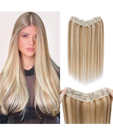 Benehair Clip in Human Hair Extensions One Piece Real Human Clip in Hair Extensions 16 Inches 65g Golden Brown Mix Bleach Blonde Real Human Hair Extension Upgraded V Type Clip in Hair Extension