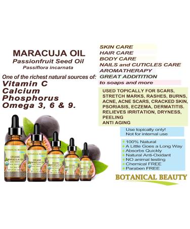 Botanical Beauty Organic MARACUJA OIL 100% Pure Natural Cold Pressed Undiluted for Face Skin Hair Body Lip Nails 2 Fl.oz.- 60 ml Rich in vitamin C - Buy Online on GoSupps.com
