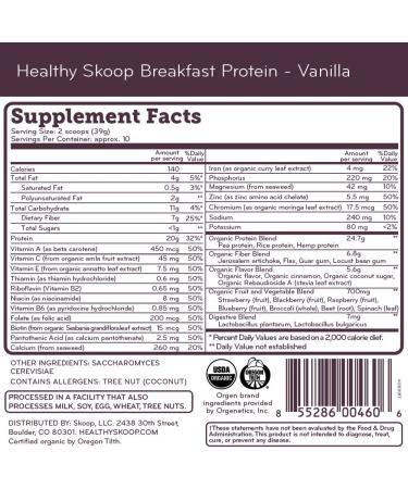 Organic Plant Based Breakfast Protein Powder | Healthy Skoop | Probiotics, Fiber, Vegan, Dairy Free, Gluten Free, Non-GMO | Vanilla 13.8 oz (Pack of 1) - Buy Online on GoSupps.com