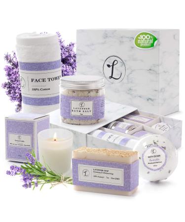 Spa Gift Set 100% Natural  Gift Box Includes: Bath Bomb  Bath Salt  Hand Soap  Scented Candle  Face Cloth and Gift Box. Best Gift for Her. (Lavender)