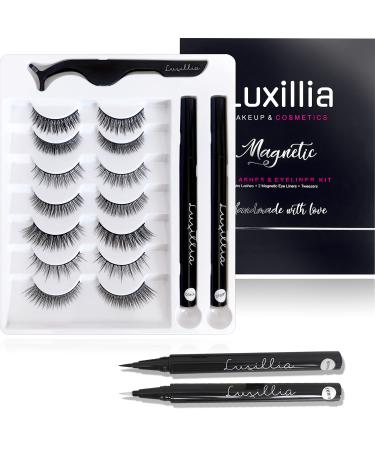 Luxillia (Clear + Black) Magnetic Eyeliner with Eyelashes Kit - Free Applicator Tool, 8D Most Natural Look Eyelash No Magnets Needed - Best Reusable False Eye Lash, Waterproof Liner Pen and Lashes 7 Pair (Pack of 1) Black