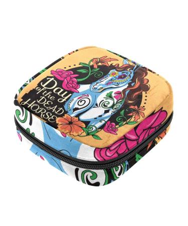 Menstruation pad bag with zipper women's napkin bag tampons collective bags for women and girls (flower day of the dead horse)