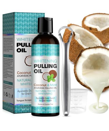 Pulling Oil for Teeth Coconut Peppermint Essential Oil Pulling with Tongue Scraper Natural Organic Oral Care for Mouthwash Bad Breath Treatment Cleaner Alcohol Tooth Whitening Gum Health 8 Fl.Oz