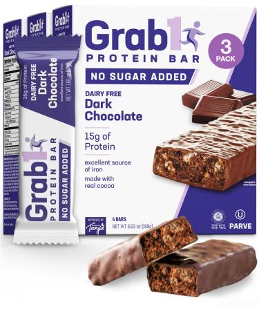 Grab1 Sugar Free Protein Bars Dairy Free Dark Chocolate (3 Pack 12 Bars) | 12gr Protein + 4gr Fiber | Low Calorie | Zero Sugar Dairy Free Dark Chocolate (0g Sugar) 4 Count (Pack of 3)