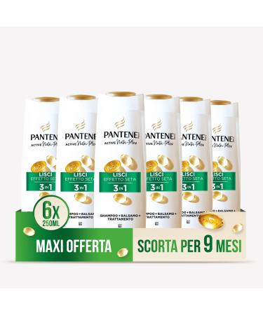 Pantene Pantene 3 in 1 Smooth Silk Effect Shampoo for Crepes and Mattes with Active Nutri-Plex 6 x 250 ml