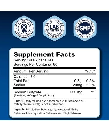 LongJuvity Sodium Butyrate Supplement (300mg) - Optimal Gut Health for Men & Women - Digestion Support & Leaky Gut Repair - Postbiotic Short Chain Fatty Acid Lab Tested (120 Extended Release Caps) - Buy Online on GoSupps.com