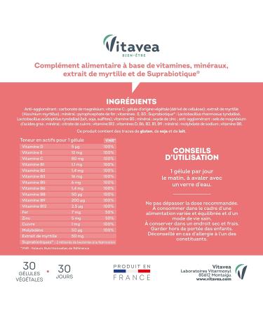 Vitavea -Energy Supplement Natural Defenses Vision Multivitamin and Mineral Memory (Zinc Iron Vitamin C Vitamin D)Suprabiotic and Blueberry-30 Capsules-1 Month Cure-Made in France - Buy Online on GoSupps.com