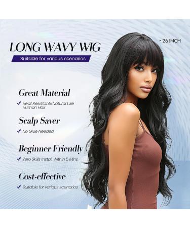 Allbell Black Wig for Women | Long Wavy Natural Hair Wig with Thick Bangs | Heat Resistant Synthetic Hair - Buy Online on GoSupps.com