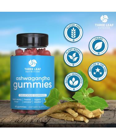 Three Leaf Nutrition Ashwagandha Gummies for Men & Women - Ashwagandha Supplements Supports Focus Memory Calmness & Energy - Ashwagandha Extract Gummy - 60 Gummies - Buy Online on GoSupps.com