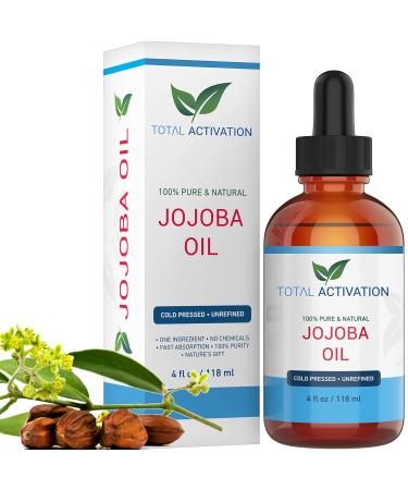 Total Activation Organic Jojoba Oil for Skin  Hair & Nails  100% Pure Natural Unrefined Cold Pressed  Natural Face Moisturizer  Hair Moisturizer for dry  oily  normal skin types Large 4 oz bottle