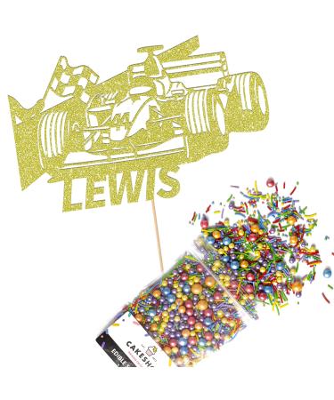 Cakeshop Cake Decoration Pack | F1 Formula 1 Racing Car Premium Double Sided Glitter Card Cake Topper & 25g Party Pack of Cake Sugar Sprinkles | Custom Name Cake Decorations (Champagne) Non-Prime Glitter Card: Champagne