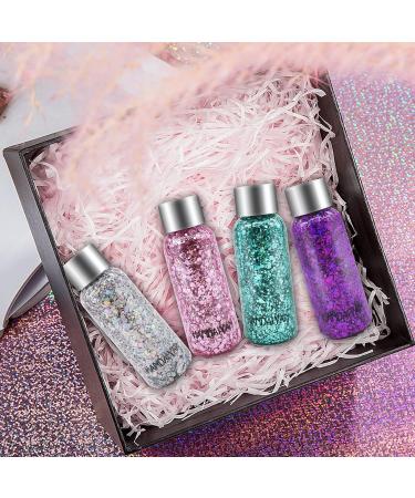 6 Bottle Glitter Set for Face & Body - Festive Makeup Gel with 3 Spoons | Christmas Masquerade & Birthday | White Gold Silver Pink Green Purple - Buy Online on GoSupps.com