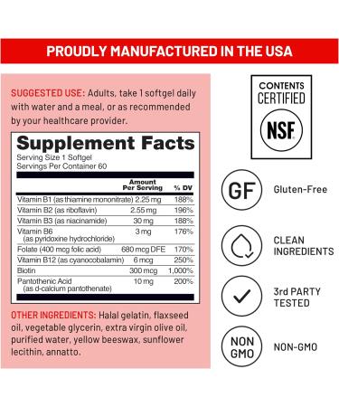 NatureWise Vitamin B Complex for Women and Men - with Folic Acid Biotin B1 B2 B3 B6 B12 - Support Cellular Energy & Mental Clarity - Gluten & Dairy Free Non-GMO - 60 Softgels 2-Month Supply 60 Count (Pack of 1) Vitamin - Buy Online on GoSupps.com