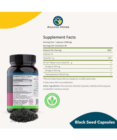Amazing Herbs Black Seed Oil Capsules - Black Seed Oil Pills, Black Cumin Seed Oil Capsules, Cold Pressed Nigella Sativa Supplement, Blackseed Oil, Non GMO, 100% Pure - 60 Vegetarian Capsules, 1000 mg - Buy Online on GoSupps.com