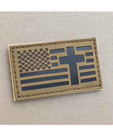 IR Tan 2x3.5 USA Flag Christian Cross Jesus Christ Coyote Brown Crucifix Religion God Infrared Tactical Morale Fastener Patch