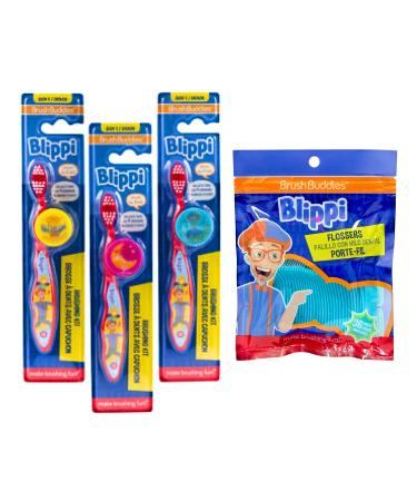 Kali Dreams Blippi Toothbrush Set - 3 Toothbrushes  and Floss. (Blippi 3pk Floss) Blippi 3pk Floss 1 - Set