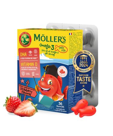 M LLER'S Omega 3 Capsules Natural Fish Oil Omega3 for Kids with DHA and EPA No Gluten Lactose or Added Sugar & Easy to Chew Strawberry Flavor 36 Capsules Strawberry 36 Count (Pack of 1)