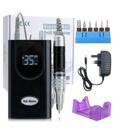 Delanie Nail Drill 35000 RPM Electric Nail Files Rechargeable Portable E File Kit with 6 Drill Bits for Acrylic Nails and Gel Nails UK Plug (Black)
